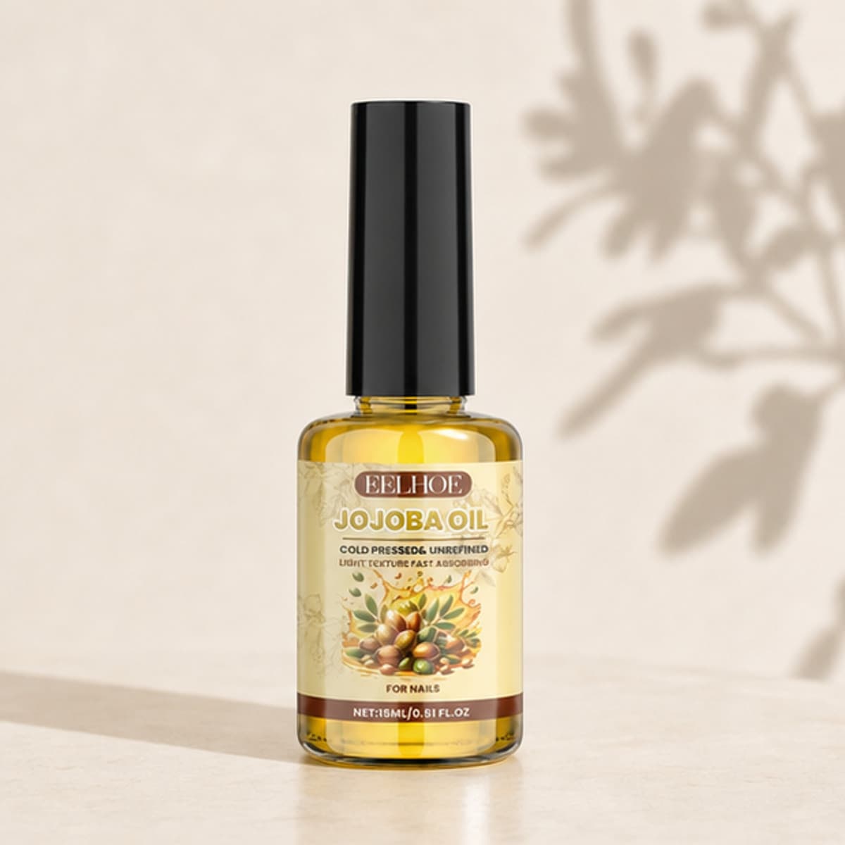 Huile de Jojoba complete product view on a warm ivory background