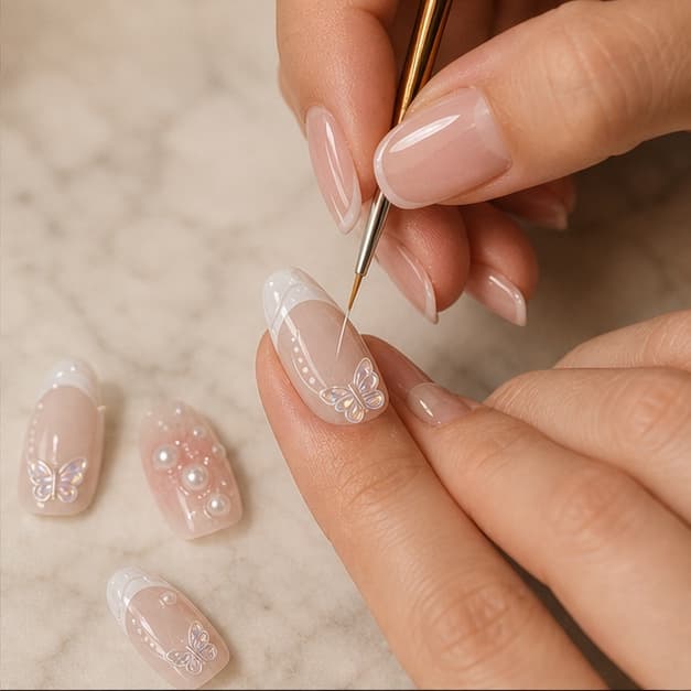 Fine nail-art detail being painted at a pale marble manicure table