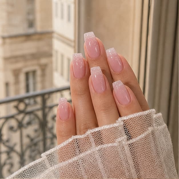 Nacre blush shimmer manicure beside a Paris apartment window
