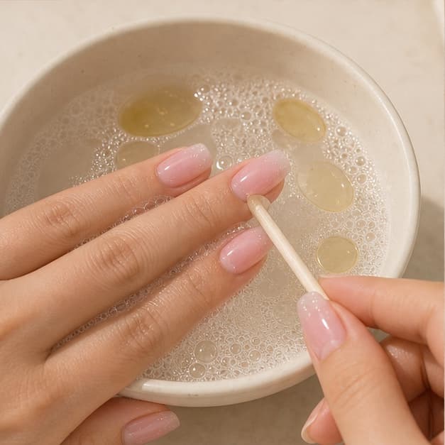 Gentle press-on nail removal in warm soapy water and oil
